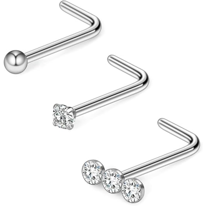 Body Jewelry Surgical Steel - 3個入り、20Gのサージカルステンレス製、トリプルラインの宝石ボール型、ラウンドダイヤモンドCZのノーズスタッドリング、L字型のピアスジュエリー、ダイヤモンドノーズリング。