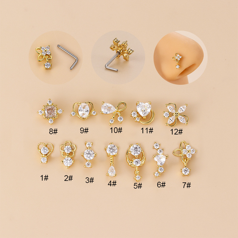 Body Jewelry Surgical Steel - 20G L字型キュービックジルコニアノーズスタッド、サージカル316Lステンレス鋼製ノーズリップ耳ピアスジュエリー、女性女の子向けトレンド