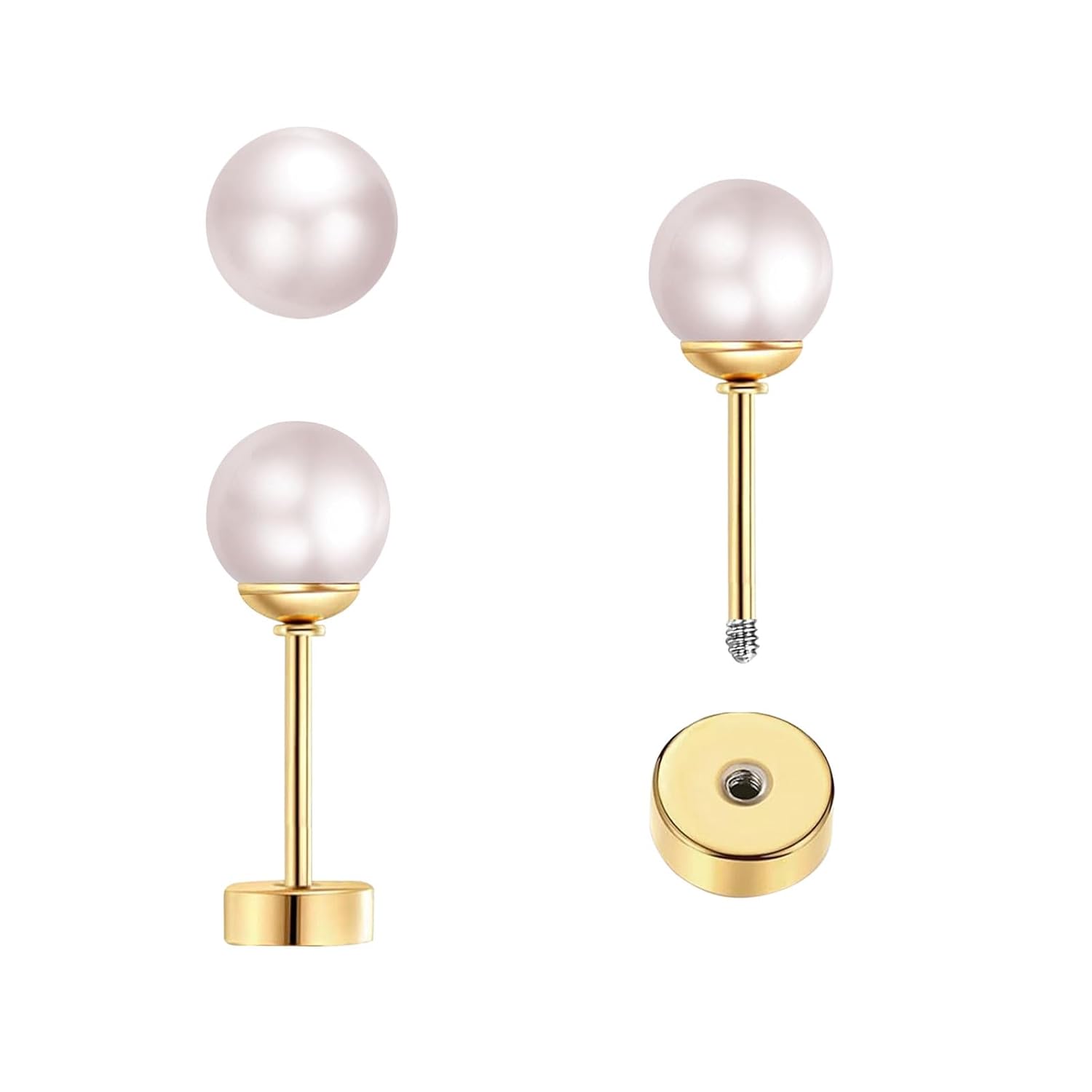 Body Jewelry Surgical Steel - 3 ペアの小さなパールスタッドピアス フラットスクリューバックスタッド 女性 女の子用 サージカルスチール