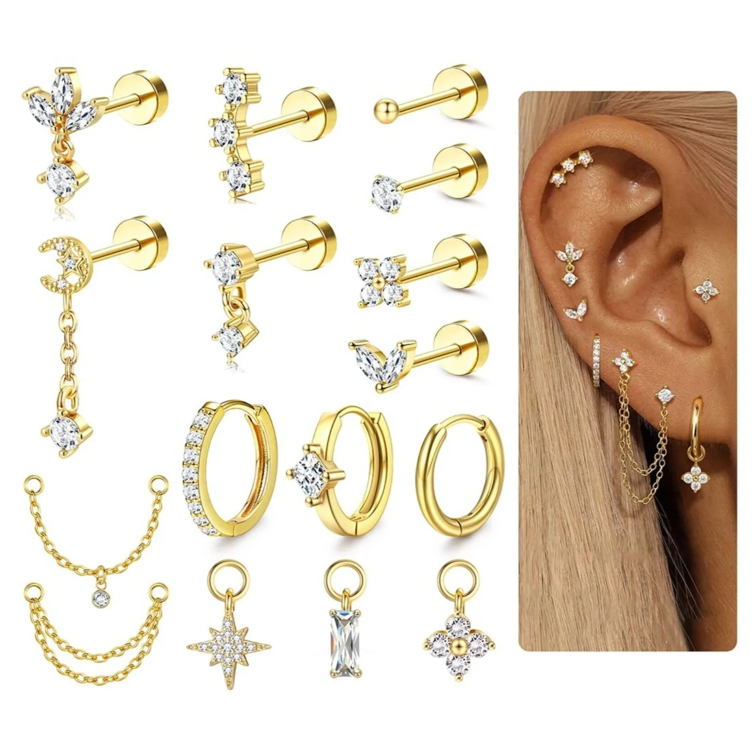 Body Jewelry Surgical Steel - 16ゲージの女性用軟骨ピアス。裏面が平らで、アレルギーを起こしにくい316Lサージカルステンレス製。シルバーまたはゴールドメッキ。スタッド型、フープ型、軟骨ピアス、スタッキングセット。ダイス、コンク、トラガス、ヘリックス用。単品。