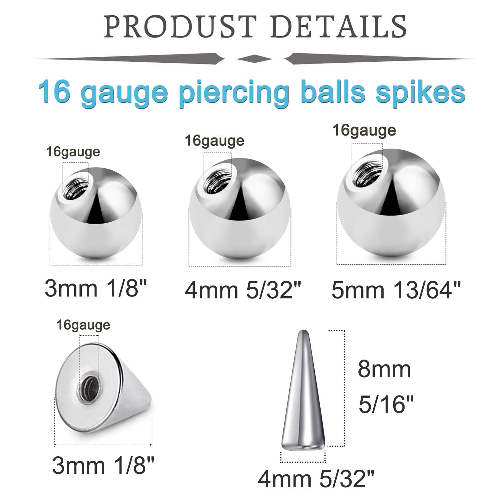 16番ステンレス鋼交換ボール20個、リップネジ、Labret - Body Jewelry Replacement Ball のレビューと価格