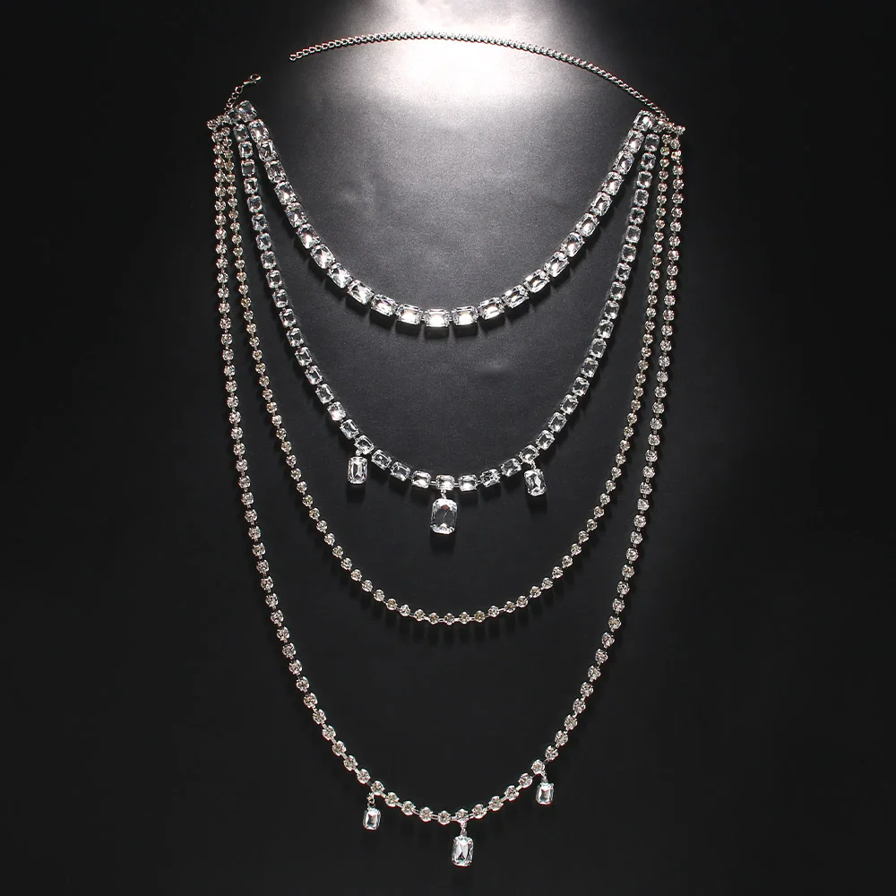 ラインストーン付きの女性用ロングチェーン,マルチレイヤークラ - Body Jewelry Necklace のレビューと価格